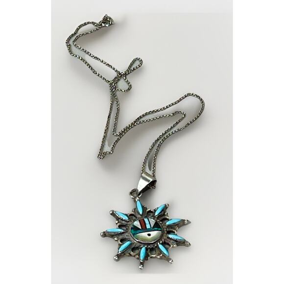Zuni Sunface Sterling Silver Turquoise Inlay Pendant Necklace VTG Coral Opal Jet - Picture 2 of 16